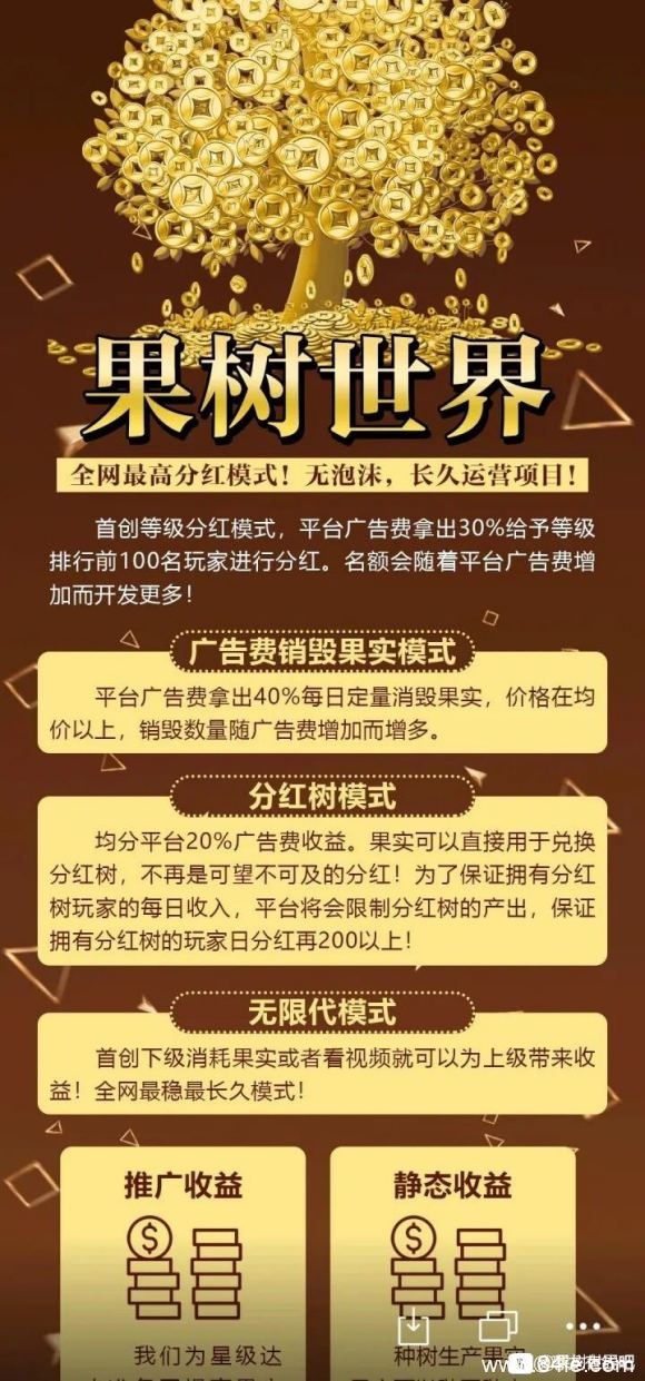 果树世界 分红模式种树产果实,果实兑换分红树 永久分红日200+